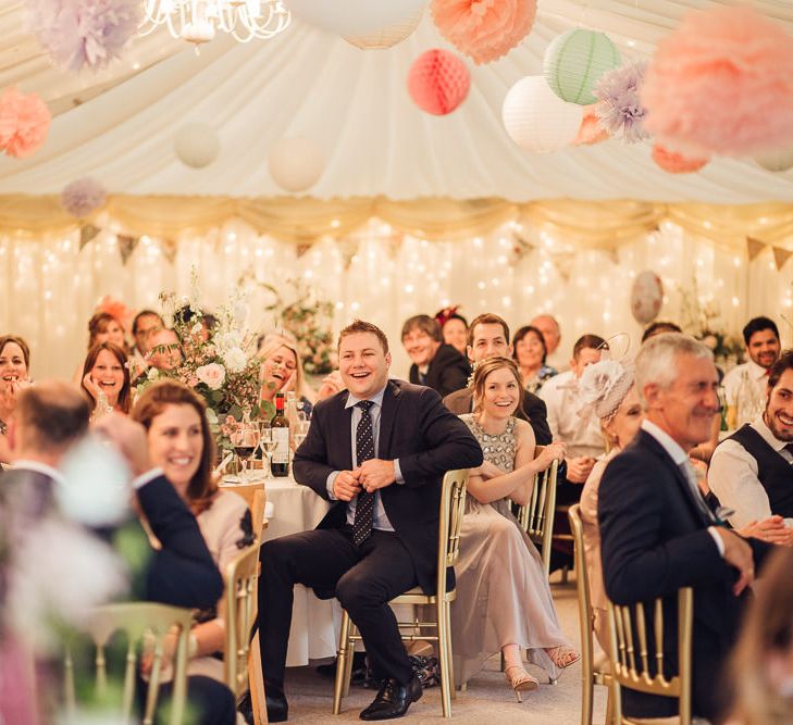 Hanging Paper Lanterns and Pom Pom Wedding Decor