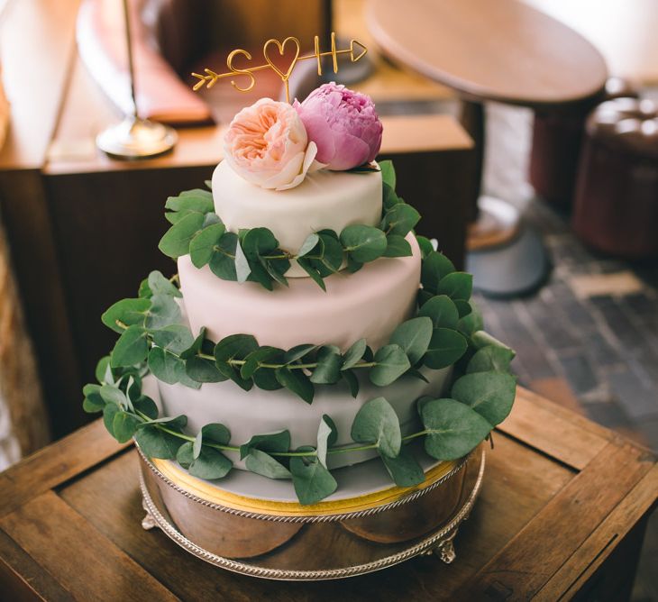 Elegant Wedding Cake with Eucalyptus, Peony & David Austin Rose Decor by Matt Brown Photography