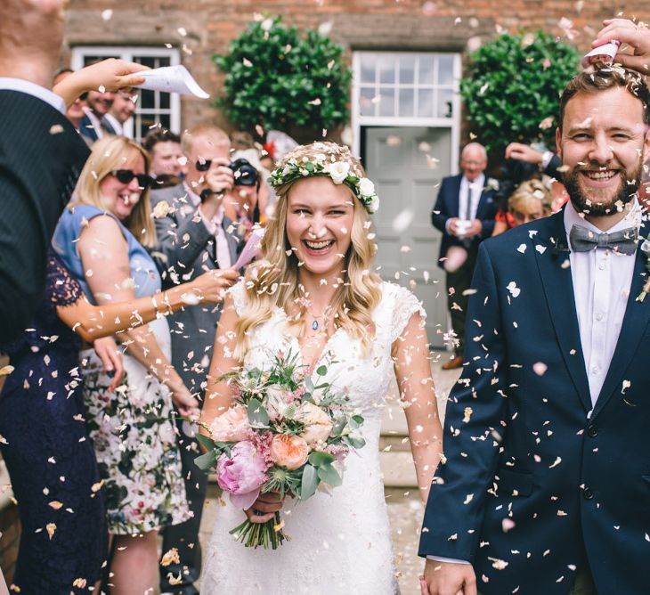 Confetti Moment with Bride in Bespoke Mariée Wedding Dress & Groom in Slater Jacket & Topman Chino's by Matt Brown Photography