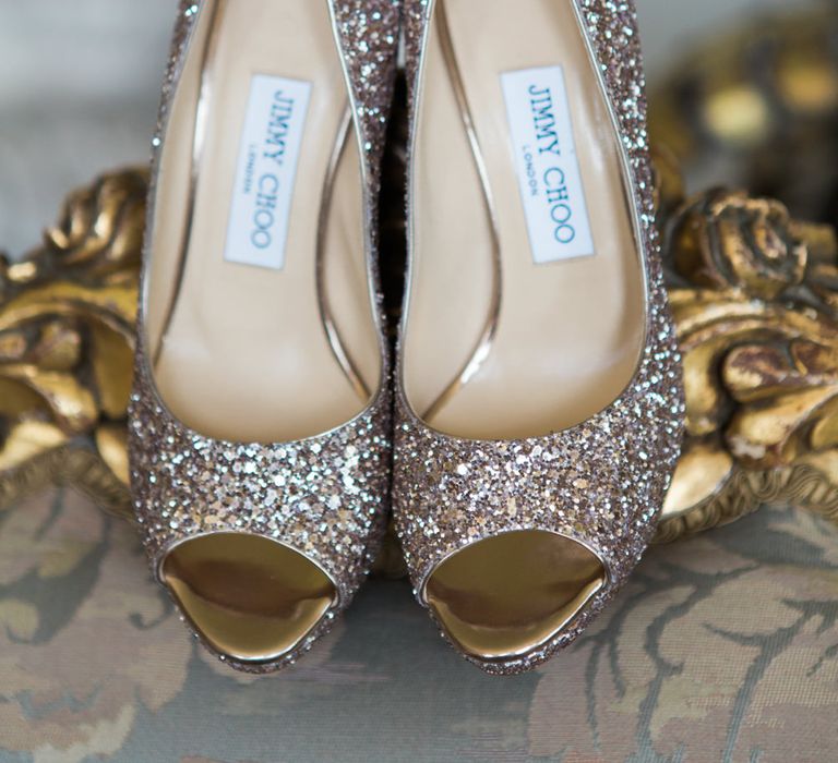 Jimmy Choo Sparkly Shoes | Elegant Blush Pink & White Wedding at Aynhoe Park in Oxfordshire | Lucy Davenport Photography