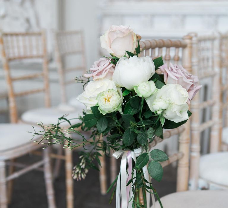 Aisle Chair Wedding Flowers | Elegant Blush Pink & White Wedding at Aynhoe Park in Oxfordshire | Lucy Davenport Photography