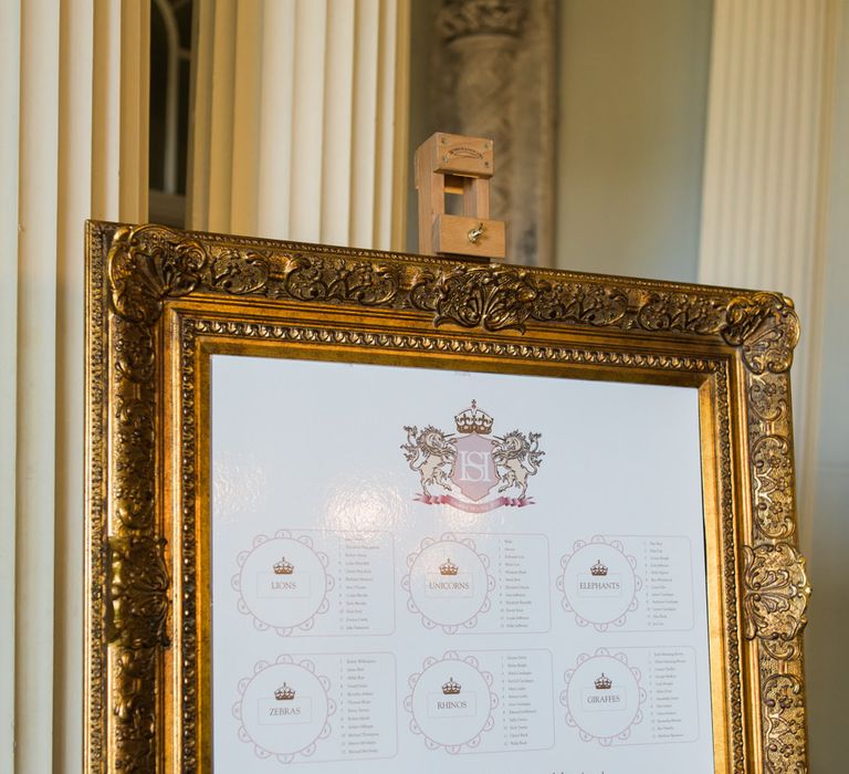 Gold Guilt Frame Table Plan | Elegant Blush Pink & White Wedding at Aynhoe Park in Oxfordshire | Lucy Davenport Photography