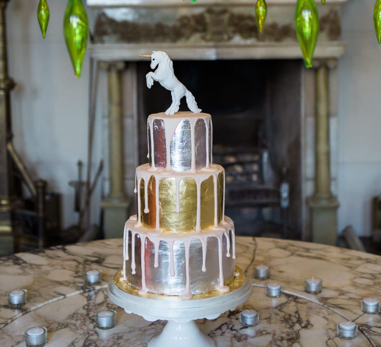 Metallic Dripping Wedding Cake | Elegant Blush Pink & White Wedding at Aynhoe Park in Oxfordshire | Lucy Davenport Photography