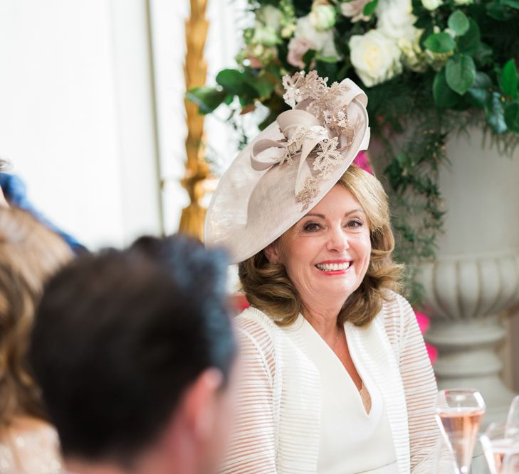 Wedding Guest Hat | Elegant Blush Pink & White Wedding at Aynhoe Park in Oxfordshire | Lucy Davenport Photography