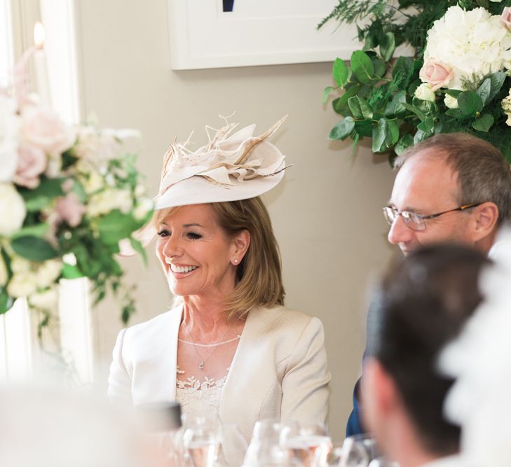 Wedding Guest Hat | Elegant Blush Pink & White Wedding at Aynhoe Park in Oxfordshire | Lucy Davenport Photography