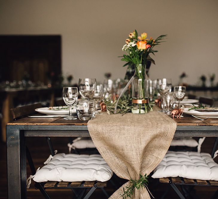 Hessian Table Runner & Copper Accents Table Scape