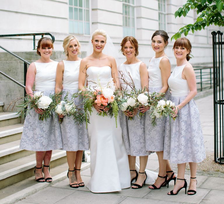 Bridesmaids in Grey & White Oasis Dresses | Anna Sorrano Wedding Dress | Stylish Hackney Town Hall Wedding | Camilla Arnhold Photography | This Modern Revelry Film