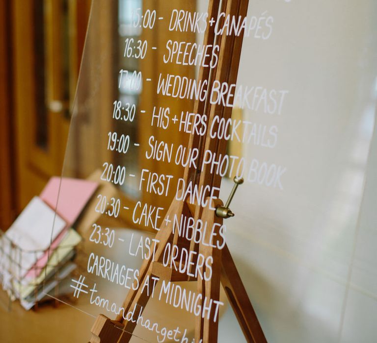 Perspex Order of The Day Wedding Sign | Stylish Hackney Town Hall Wedding | Camilla Arnhold Photography | This Modern Revelry Film