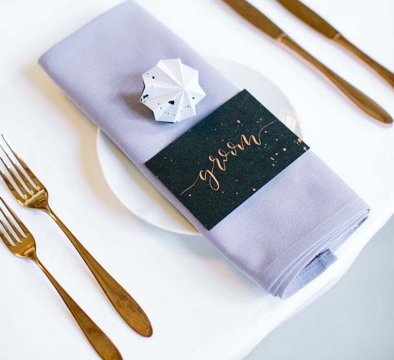 Grey & Copper Place Setting | Stylish Hackney Town Hall Wedding | Camilla Arnhold Photography | This Modern Revelry Film