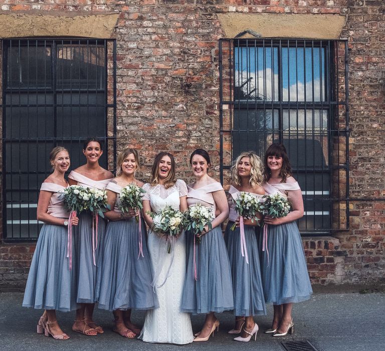 Bridesmaid in Grey Skirt & White Top Separates | Bridalsmaids in Watters Lenora Bridal Gown | Contemporary City Wedding at People's History Museum & Hope Mill Theatre, Manchester Planned by Alternative Weddings MCR | Babb Photography