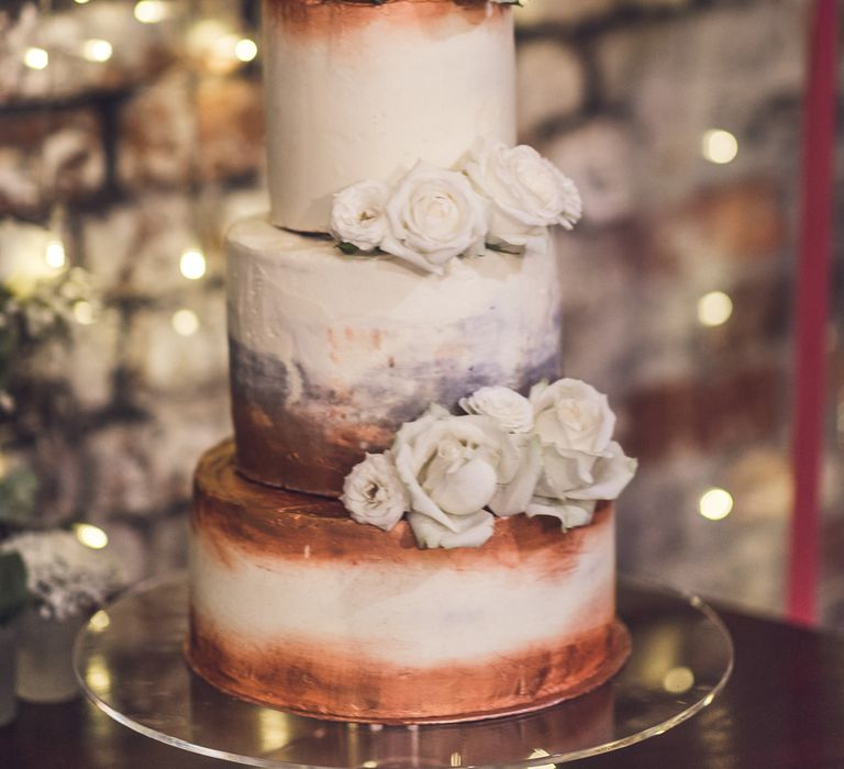 White & Copper Wedding Cake | Contemporary City Wedding at People's History Museum & Hope Mill Theatre, Manchester Planned by Alternative Weddings MCR | Babb Photography