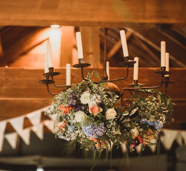 Flower Chandelier For A Rustic Wedding At Dewsall Court Herefordshire