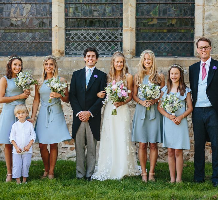 Elegant Traditional Wedding Party In Tails & Cornflower Blue Dresses