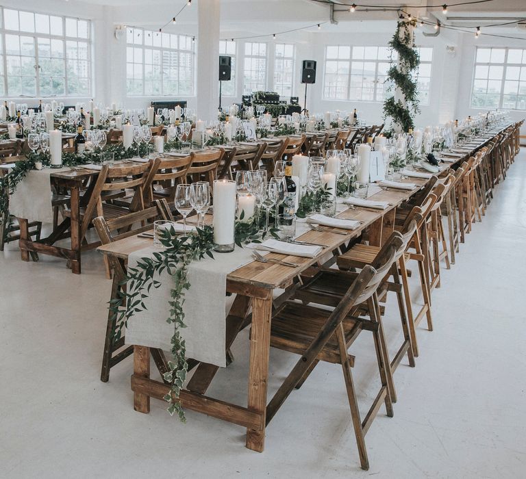 Wooden Trestle Tables For An Industrial Wedding In London