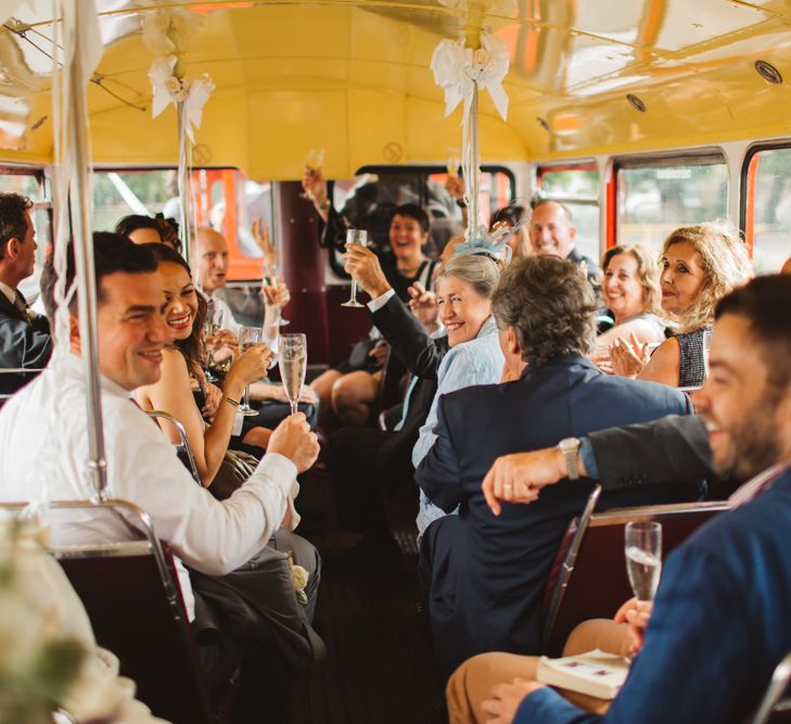 Wedding Guests inside Red Routemaster Bus