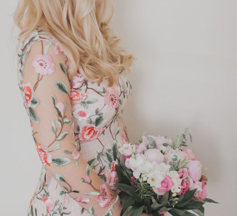 Bride In Bespoke Floral Lace Dress With Flower Crown For A White Tipi Wedding In The Cotswolds With Images By Ferri Photography