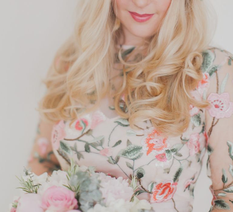 Bride In Bespoke Floral Lace Dress With Flower Crown For A White Tipi Wedding In The Cotswolds With Images By Ferri Photography