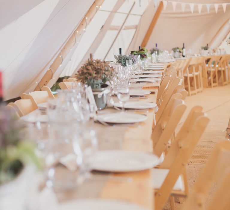 Rustic Table Settings & Flowers For Tipi Wedding