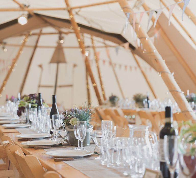 Rustic Table Settings & Flowers For Tipi Wedding