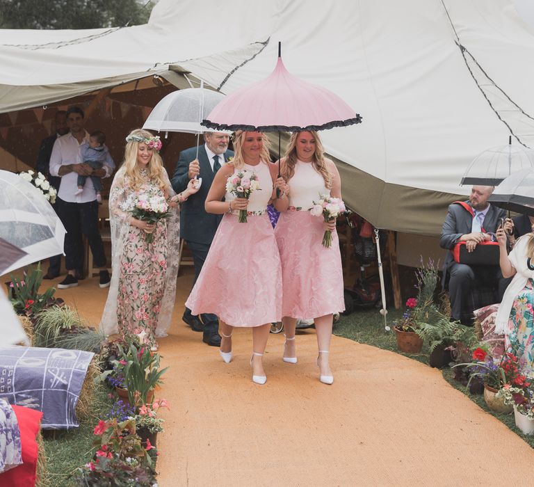 Bride In Bespoke Floral Lace Dress With Flower Crown For A White Tipi Wedding In The Cotswolds With Images By Ferri Photography