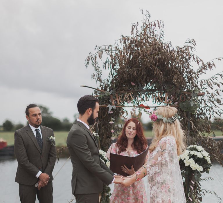 Bride In Bespoke Floral Lace Dress With Flower Crown For A White Tipi Wedding In The Cotswolds With Images By Ferri Photography