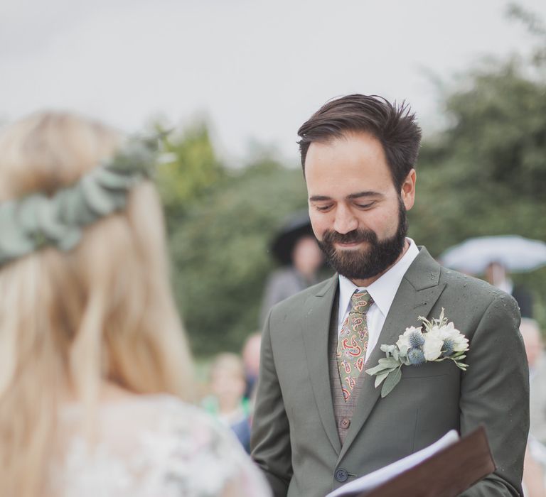 Bride In Bespoke Floral Lace Dress With Flower Crown For A White Tipi Wedding In The Cotswolds With Images By Ferri Photography