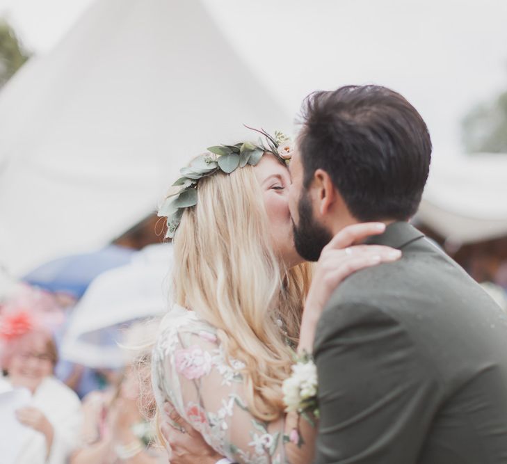 Bride In Bespoke Floral Lace Dress With Flower Crown For A White Tipi Wedding In The Cotswolds With Images By Ferri Photography