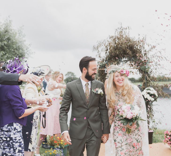 Bride In Bespoke Floral Lace Dress With Flower Crown For A White Tipi Wedding In The Cotswolds With Images By Ferri Photography