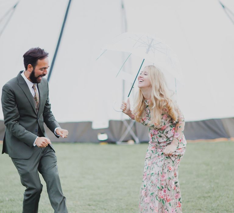 Bride In Bespoke Floral Lace Dress With Flower Crown For A White Tipi Wedding In The Cotswolds With Images By Ferri Photography