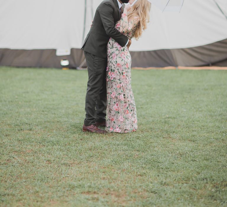 Bride In Bespoke Floral Lace Dress With Flower Crown For A White Tipi Wedding In The Cotswolds With Images By Ferri Photography