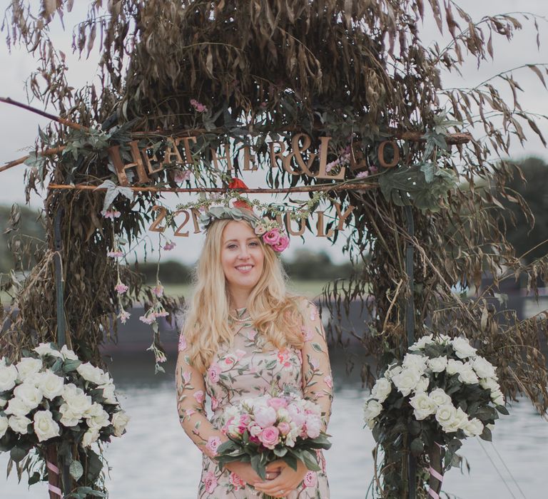 Bride In Bespoke Floral Lace Dress With Flower Crown For A White Tipi Wedding In The Cotswolds With Images By Ferri Photography