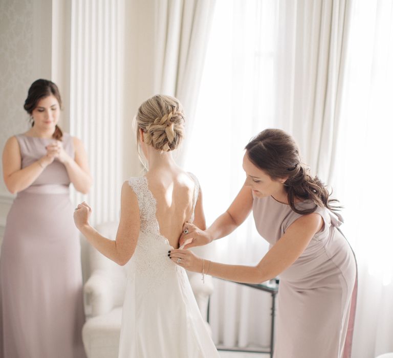 Wedding Morning Bridal Preparations | Bride on Pronovias Gown | Bridesmaids in Lavender ASOS Dresses | Elegant, Pastel Wedding at Hedsor House, Buckinghamshire | M & J Photography | Shoot It Yourself Films