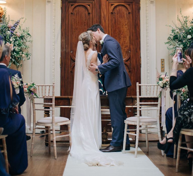 Wedding Ceremony | Bride in Pronovias Gown | Groom in Navy J.Crew Suit | Elegant, Pastel Wedding at Hedsor House, Buckinghamshire | M & J Photography | Shoot It Yourself Films