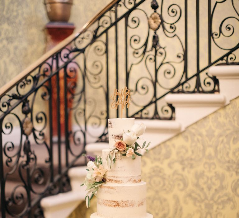 Semi Naked Wedding Cake by Dotty Rose | Elegant, Pastel Wedding at Hedsor House, Buckinghamshire | M & J Photography | Shoot It Yourself Films