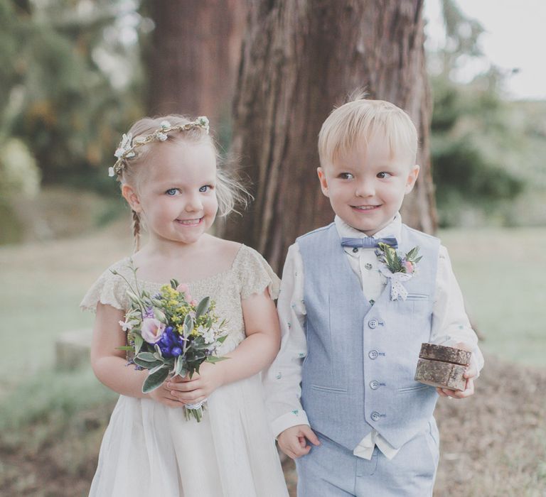 Flower Girl in Monsoon Dress & Page Boy in Pale Blue Trousers, Waistcoat & Bow Tie