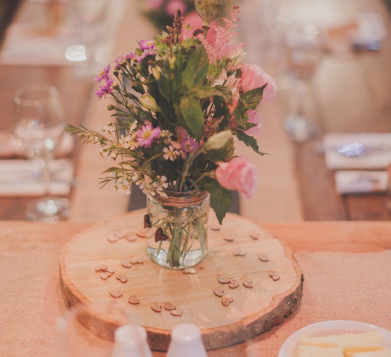 Tree Slabs & Wild Flower in Jars Centrepieces