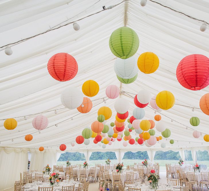 Colourful Hanging Paper Lantern in Marquee Reception