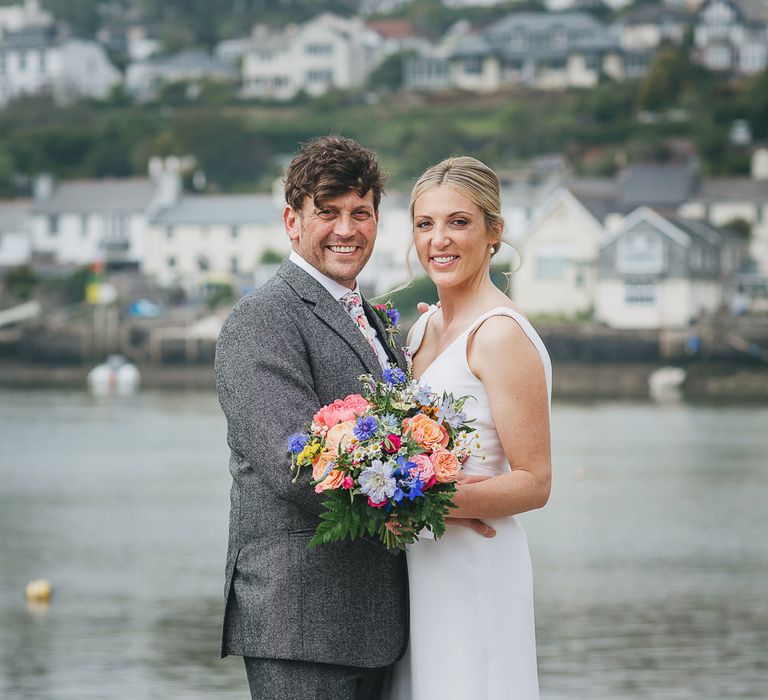 Bride & Groom Portrait with Bright Bouquet