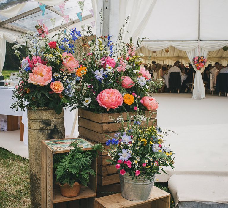 Rustic Crates & Bright Wild Flower Display Wedding Decor