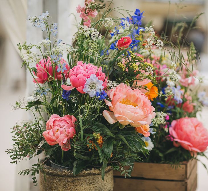 Rustic Crates & Bright Wild Flower Display Wedding Decor