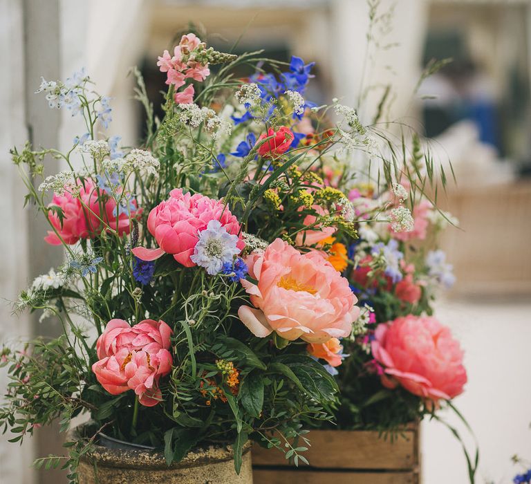 Rustic Crates & Bright Wild Flower Display Wedding Decor