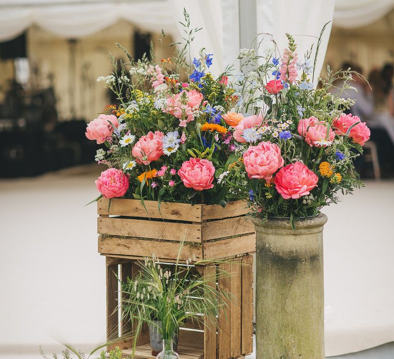 Rustic Crates & Bright Wild Flower Display Wedding Decor