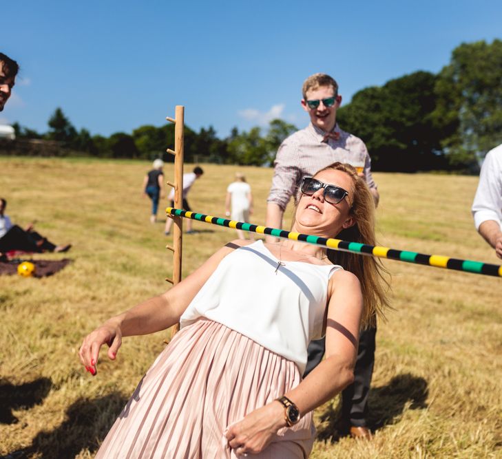 DIY Festival Wedding In Sheffield With Bride In Bespoke Blush Skirt & Sequinned Top With Garden Games & Images From Kate Jackson Photography