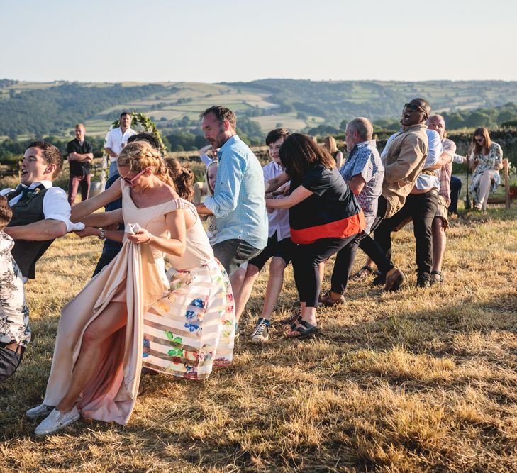 DIY Festival Wedding In Sheffield With Bride In Bespoke Blush Skirt & Sequinned Top With Garden Games & Images From Kate Jackson Photography