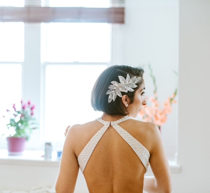 Bride in Backless Silver Sequin Gown from Etsy