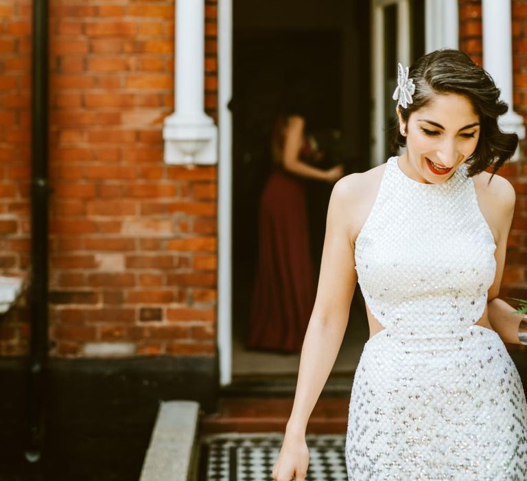 Bride in Silver Sequin Gown from Etsy