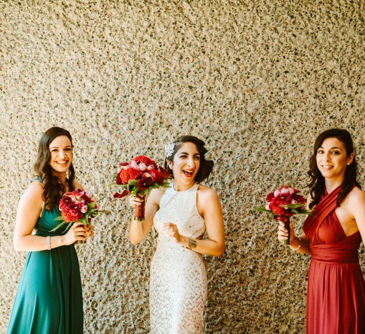 Bride & Bridesmaids in Different Coloured Wrap Dresses