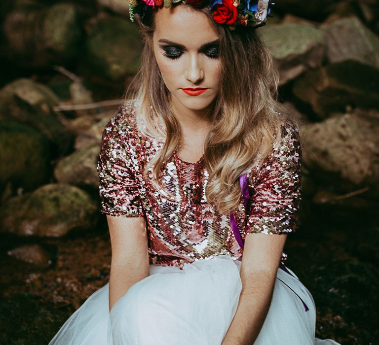 Bride In Sequinned Top With White Tulle Skirt