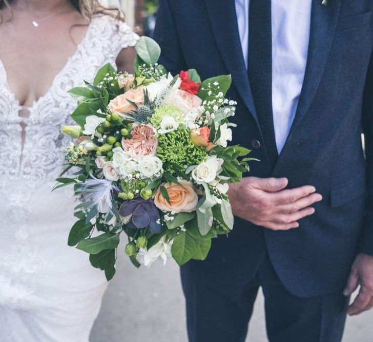 White, Green & Peach Bouquet | Classic Wedding at The Mytton & Mermaid, Atcham | Willo Photography