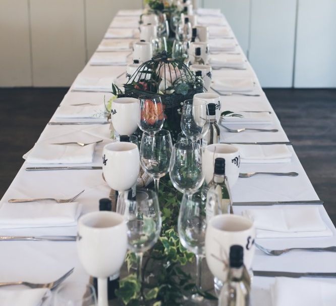 Tablescape with Personalised Goblet Wedding Favours | Classic Wedding at The Mytton & Mermaid, Atcham | Willo Photography